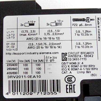 Siemens Leistungsschalter 3RV2011-0EA10 / Unbenutzt - Maranos.de