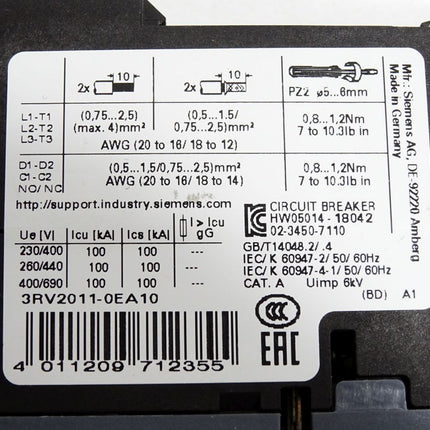 Siemens Leistungsschalter 3RV2011-0EA10 / Unbenutzt - Maranos.de