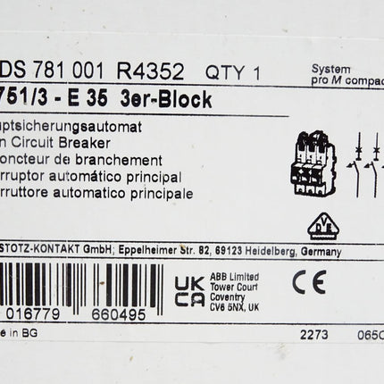 ABB Hauptsicherungsautomat 2CDS781001R4352 S751/3-E35 3er-Block / Neu OVP