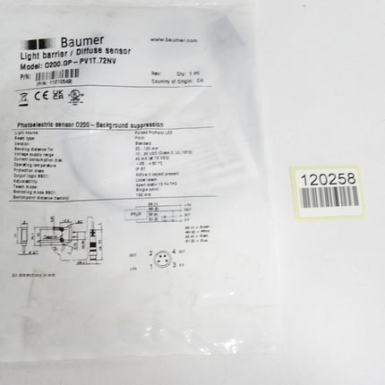 Baumer Reflexionslichttaster O200.GP-PV1T.72NV 11210549 / Neu OVP - Maranos.de
