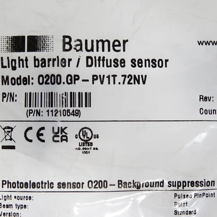 Baumer Reflexionslichttaster O200.GP-PV1T.72NV 11210549 / Neu OVP - Maranos.de