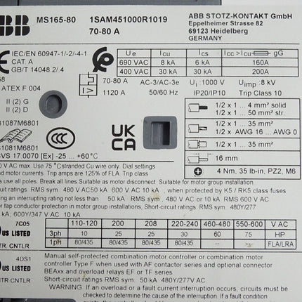 ABB Motorschutzschalter MS165 MS165-80 1SAM451000R1019 70-80A