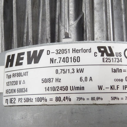 HEW Elektromotor RF80L/4T 0.75/1.3kW 1410/2450 U/min / Neu - Maranos.de