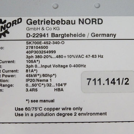 Getriebebau NORD Frequenzumrichter SK700E-452-340-O 45kW