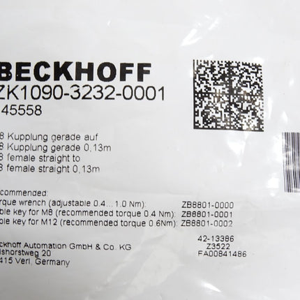 Beckhoff EtherCAT-Leitung ZK1090-3232-0001 M8 Kupplung gerade 0,13m Neu OVP