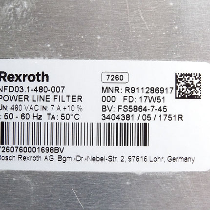 Rexroth NFD03.1-480-007 Power Line Filter R911286917 / Neuwertig