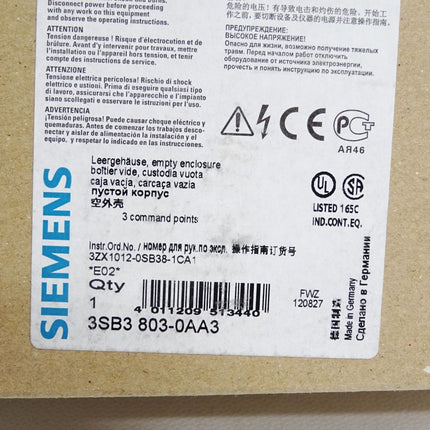 Siemens Leergehäuse 3SB3803-0AA3 - wie abgebildet - ohne Zubehör / Neu OVP - Maranos.de