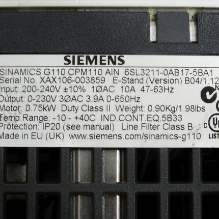 Siemens Sinamics G110 CPM110 6SL3211-0AB17-5BA1 0.75kW