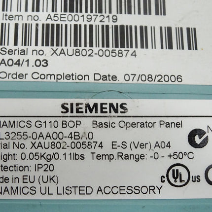 Siemens Sinamics G110 BOP Panel 6SL3255-0AA00-4BA0