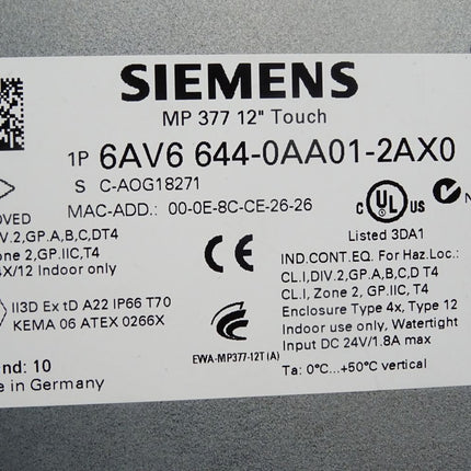 Siemens MP377 12" touch Panel 6AV6644-0AA01-2AX0 6AV6 644-0AA01-2AX0