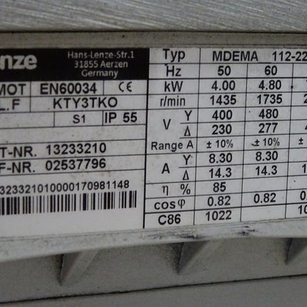 Lenze 8200 motec E82MV552-4B001 4A37 13346321 5.5kW + MDEMA112-22B 4kW 1435r/min