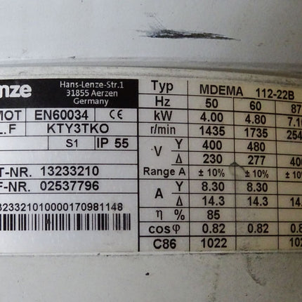 Lenze 8200 motec E82MV552-4B001 4A37 13346321 5.5kW + MDEMA112-22B 4kW 1435r/min