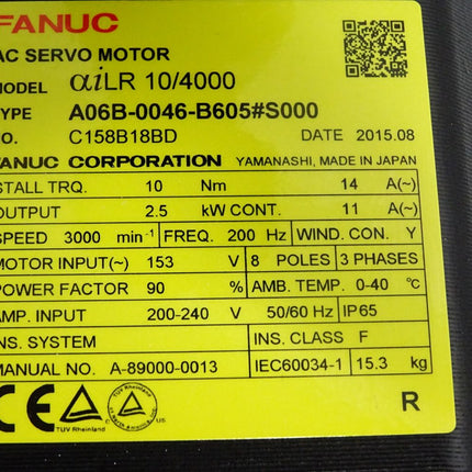 Fanuc Servomotor AlphaiLR 10/4000 A06B-0046-B605 2.5kW 30007min A860-2010-T341