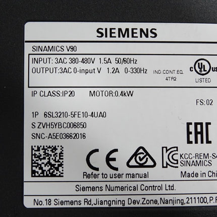 Siemens Sinamics V90 0.4kW 6SL3210-5FE10-4UA0 - Maranos.de