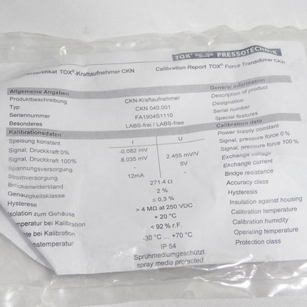 Tox Pressotechnik Presskraftsensor TOX-CKN 040.001 249470 / Unbenutzt - Maranos.de