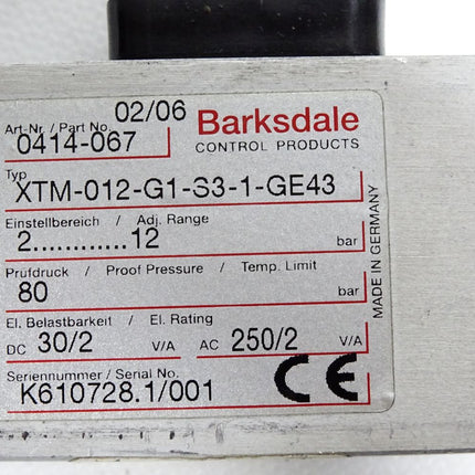Barksdale Druckschalter XTM-012-G1-S3-1-GE43 / Unbenutzt