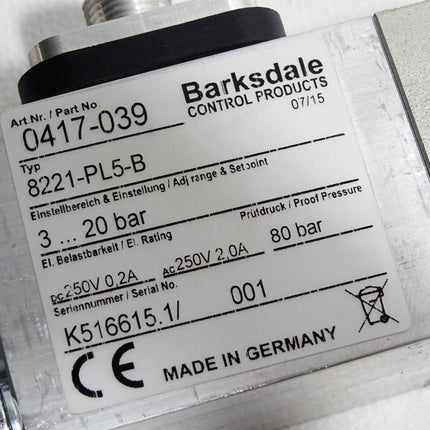 Barksdale Druckschalter 0417-039 8221-PL5-B 3…20bar / Unbenutzt