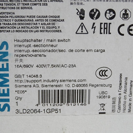 Siemens Hauptschalter Lasttrennschalter 16A 3LD2064-1GP51 / Neu OVP