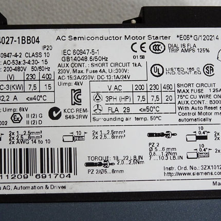 Siemens AC Semiconductor Motor Starter 3RW4027-1BB04 - Maranos.de