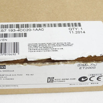 Siemens ET200S 6ES7193-4CC20-1AA0 6ES7 193-4CC20-1AA0 Inhalt:5 Stück Neu OVP - Maranos.de