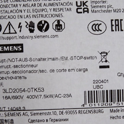 Siemens Haupt-/NOT-AUS-Schalter 3LD2054-0TK53 7.5kW / Neu OVP - Maranos.de