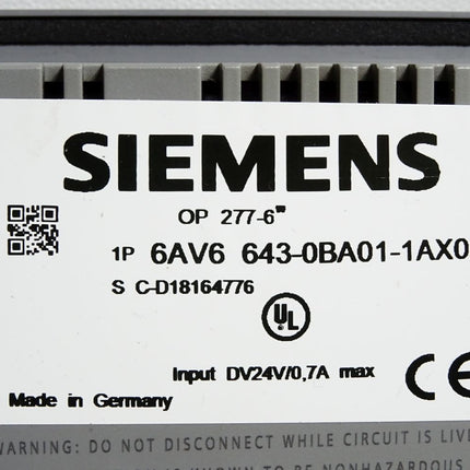 Siemens Operator Panel OP277 6" 6AV6643-0BA01-1AX0 6AV6 643-0BA01-1AX0