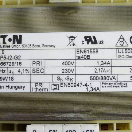 Eaton STN0,5 STN0P5-I2-G2 400V auf 230V Steuertransformator Steuertrafo - Maranos.de
