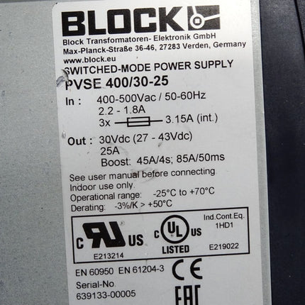 Block Switched Mode Power Supply PVSE400/30-25 400-500VAC auf 30VDC 25A - Maranos.de