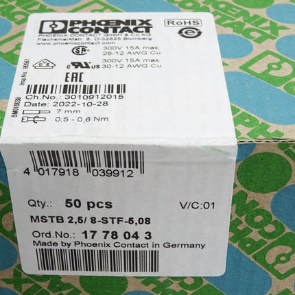 Phoenix Contact 1778043 MSTB 2,5/8-STF-5,08 Inhalt:50 Stecker Neu OVP versiegelt - Maranos.de