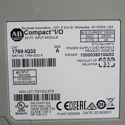 Allen Bradley CompactLogix 32 Pt 24VDC D/I Module 1769-IQ32