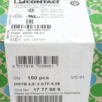 Phoenix Contact 1777989 MSTB2,5/2-STF-5,08 Inhalt:100 Stecker Neu OVP versiegelt - Maranos.de