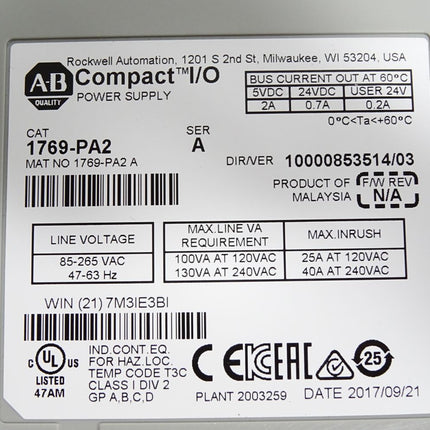 Allen Bradley CompactLogix AC 2A/0.8A Power Supply 1769-PA2