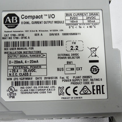 Allen Bradley CompactLogix 8 Pt A/O Current Module 1769-OF8C