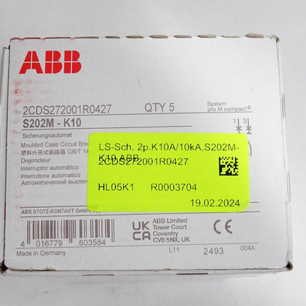 ABB Sicherungsautomat 2CDS272001R0427 S202M-K10 / Inhalt:5 Stück / Neu OVP
