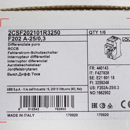 ABB Fehlerstrom-Schutzschalter 2CSF202101R3250 F202 A-25/0,3 / Neu OVP - Maranos.de