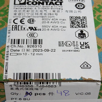 Phoenix Contact 2252890 PT 6 BU / Inhalt:48 Reihenklemmen / Neu OVP - Maranos.de