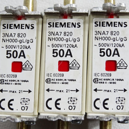 Siemens 3NA7820 NH000-gL/gG 500VAC 120kA 50A / Inhalt:3 Stück - Maranos.de