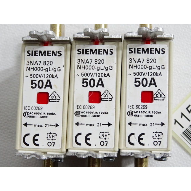 Siemens 3NA7820 NH000-gL/gG 500VAC 120kA 50A / Inhalt:3 Stück - Maranos.de