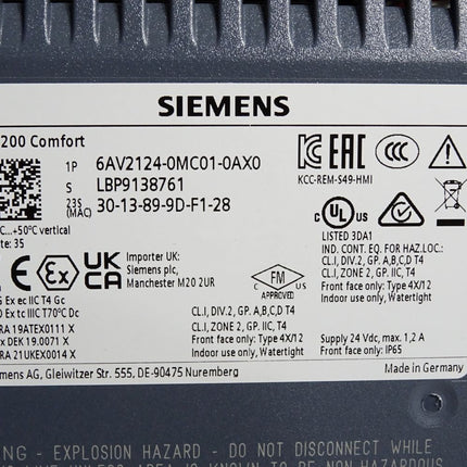 Siemens TP1200 Comfort Panel 6AV2124-0MC01-0AX0 6AV2 124-0MC01-0AX0 / Neuwertig