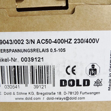 E.Dold&Söhne Relais 0039121 BA9043/002 3/N AC50-400HZ 230/400V 0,5-10s / Neu OVP - Maranos.de