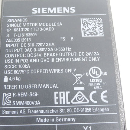 Siemens Sinamics Single Motor Module 3A 6SL3120-1TE13-0AD0 - Maranos.de