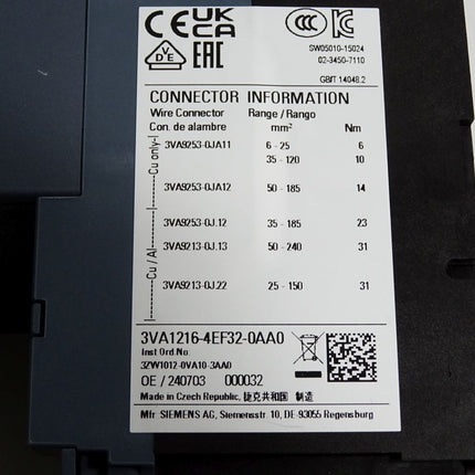 Siemens Leistungsschalter 3VA1216-4EF32-0AA0 TM240 3VA9257-0FK21 / Neuwertig