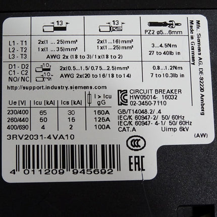 Siemens Leistungsschalter 3RV2031-4VA10 / Neuwertig