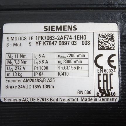 Siemens Simotics Servomotor 1FK7063-2AF74-1EH0 3000min-1 - Maranos.de