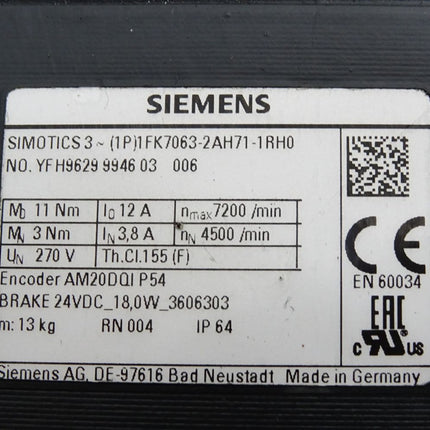 Siemens Simotics Servomotor 1FK7063-2AH71-1RH0 4500min-1 - Maranos.de