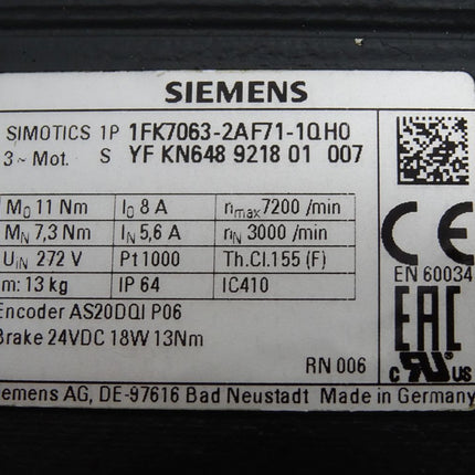 Siemens Simotics Servomotor 1FK7063-2AF71-1QH0 3000min-1 - Maranos.de