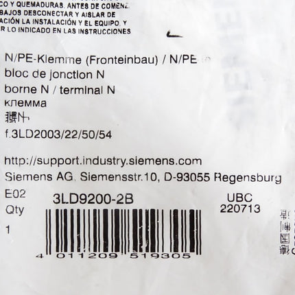 Siemens N/PE-Klemme Fronteinbau 3LD2003/22/50/54 / Neu OVP - Maranos.de