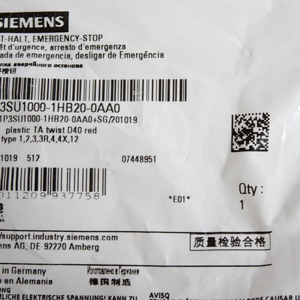 Siemens 3SU1000-1HB20-0AA0 Not-Halt-Pilzdrucktaster / Neu OVP - Maranos.de