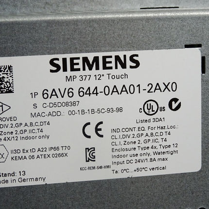 Siemens MP377 12" Touchpanel 6AV6644-0AA01-2AX0 6AV6 644-0AA01-2AX0