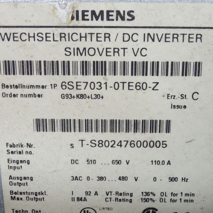 Siemens Wechselrichter Simovert 6SE7031-0TE60-Z ohne Optionskarte - Maranos.de